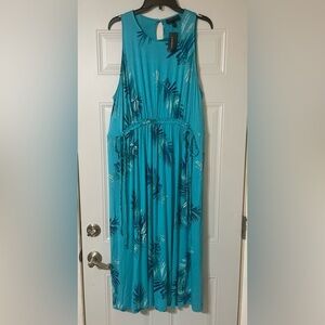 Lane Bryant Teal Maxi Dress Womens Size 22/24 Palm Leaf Ruffled Tie Waist Beach